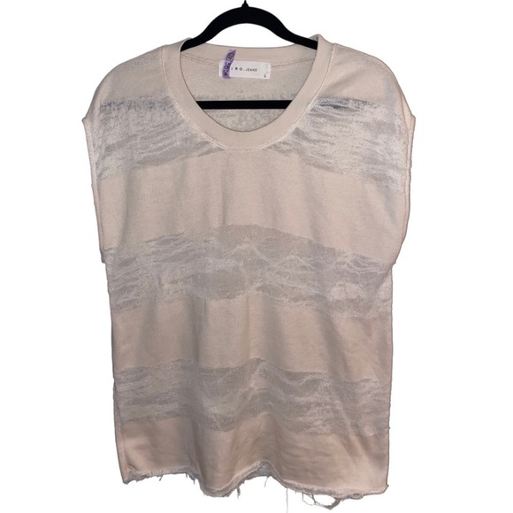 IRO Jeans Boho Distressed Raw Edge/Hem Cap Sleeve Sweatshirt Short Sleeve Top L - Picture 12 of 13